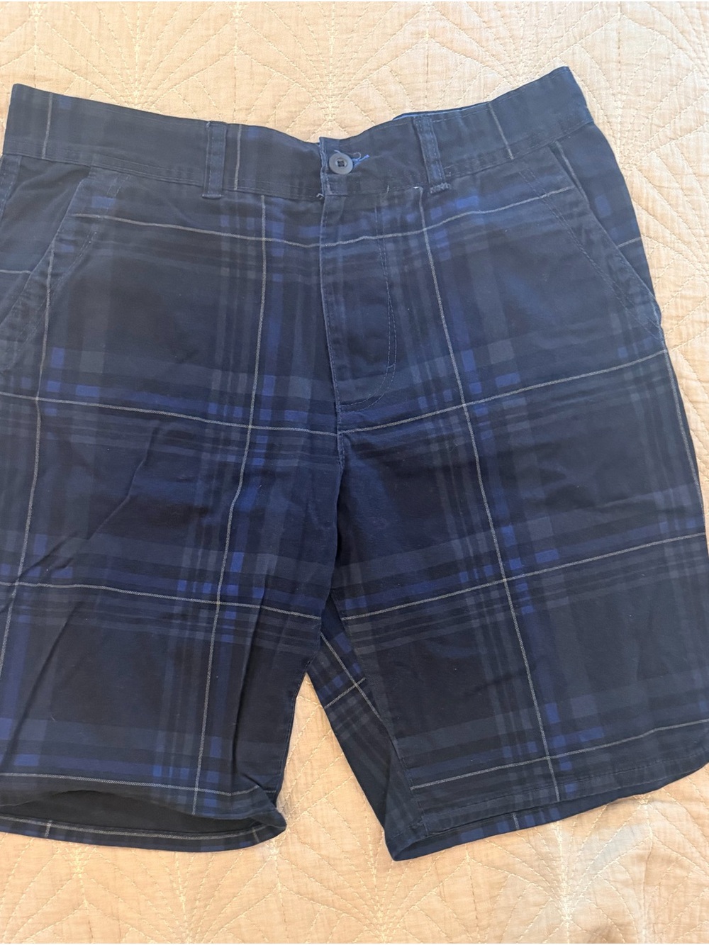 OP Men's Dark Blue Plaid Flat-Front Shorts